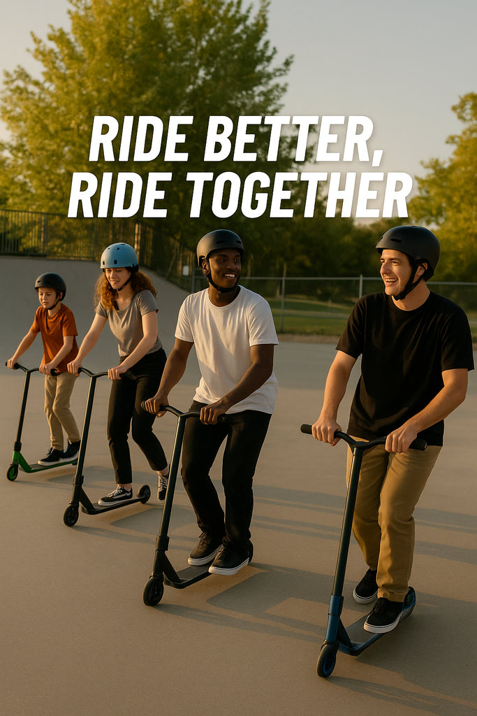 A group of scooter riders enjoying a sunny day at the skatepark, wearing helmets and smiling.