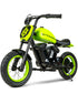 Children's motorcycle with bright green accents on a white background