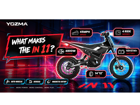 Yozma IN 11 features: 4800W, 45 mph, 52V 27Ah battery, four ride modes