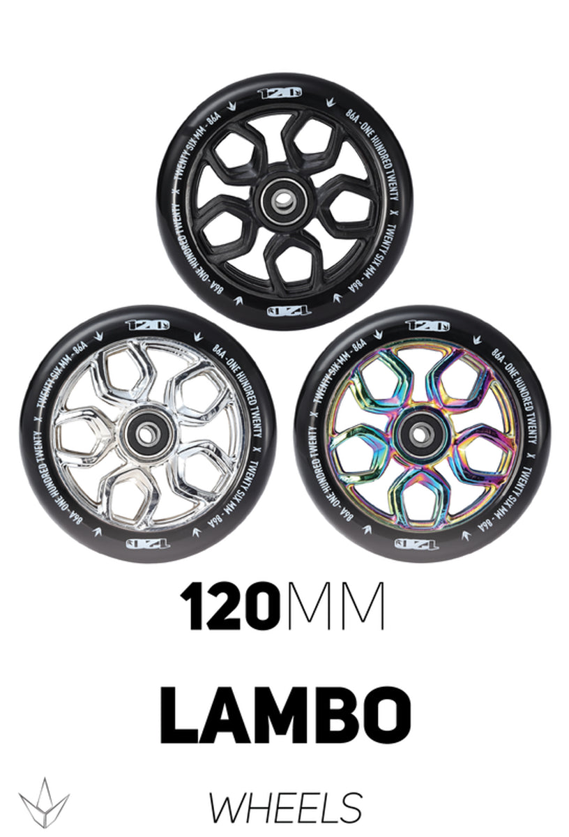 120mm L Wheels | Black, Chrome & Oil Slickambo – US Pro Scooters
